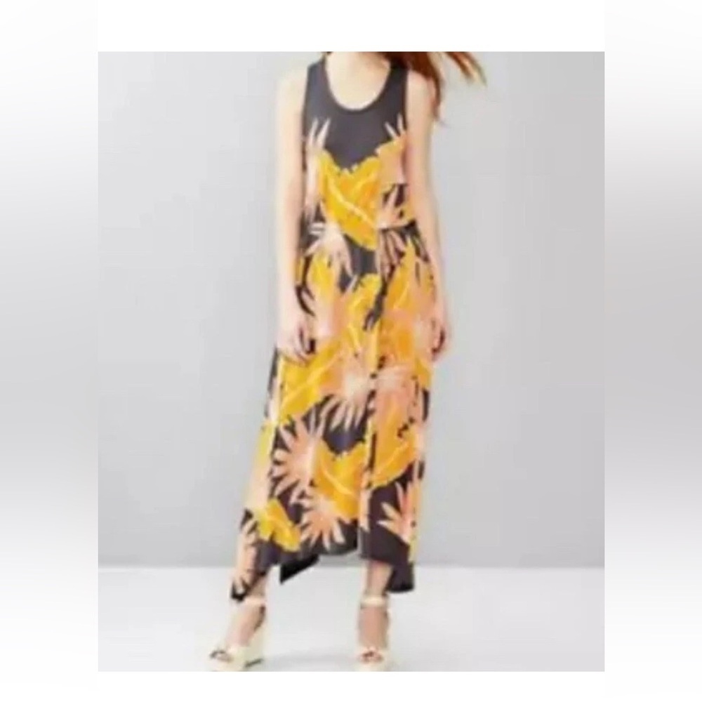 Gap Maxi Dress Resort-Wear Asymmetrical Hem Racer Back Orange Tropical Floral LG - Picture 3 of 7